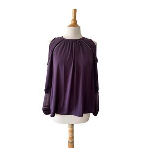 Ramy Brook Purple Blouse Silk Blend Long Sleeve Cold Shoulder Semi Sheer Sz S